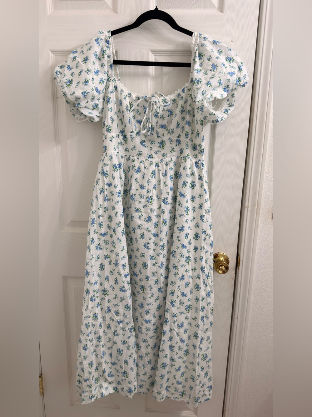 White Floral Midi Dress with Blue and Green Print